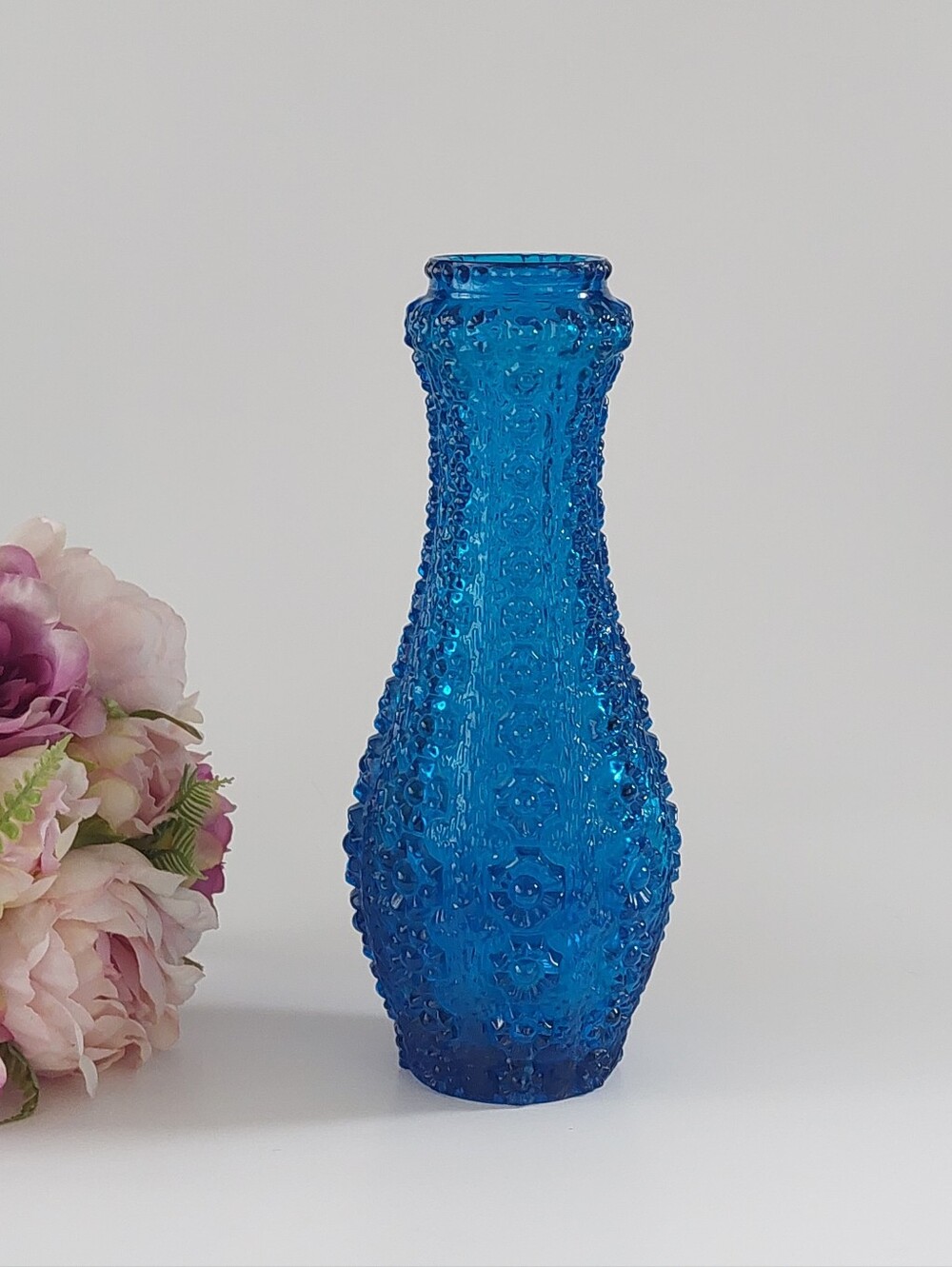 Vintage MCM Oberglas Austria Blue Textured Glass Vase 10”